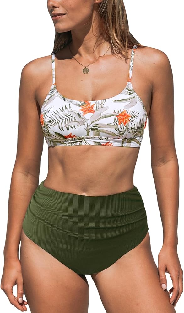 CUPSHE Women's Bikini Sets Two Piece Swimsuit Shirred High Waisted Reversible Bottom Scoop Neck Swimwear