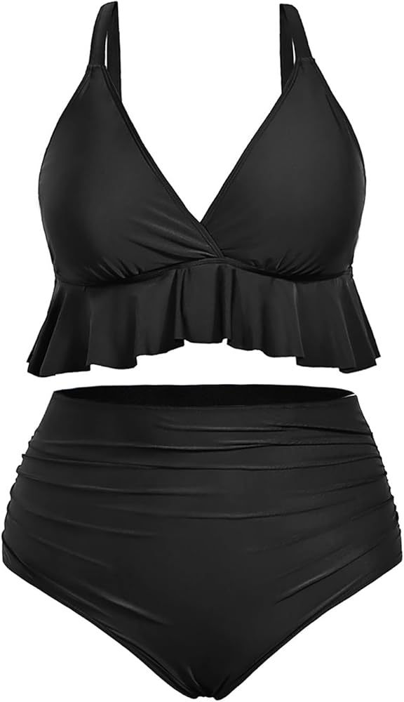 Yonique Women Plus Size Two Piece Swimsuits High Waisted Bikini Set Tummy Control Bathing Suits Ruffle Swimwear