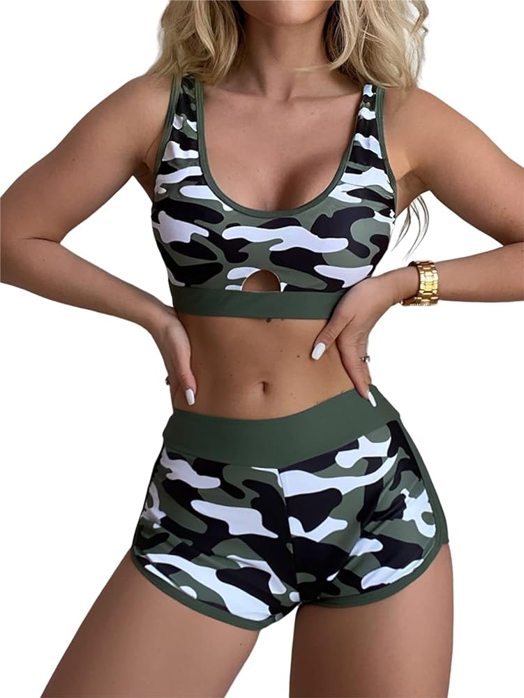 SOLY HUX Women's Camo Print Cut Out High Waisted Shorts Bikini Set Bathing Suits 2 Piece Swimsuit