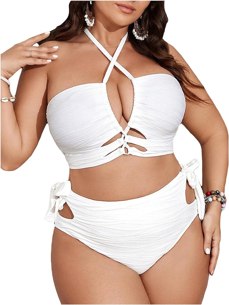 Women's Plus Size 2 Piece Swimsuit Textured Cut Out Halter Bikini Top and Tie Side Bottom Set