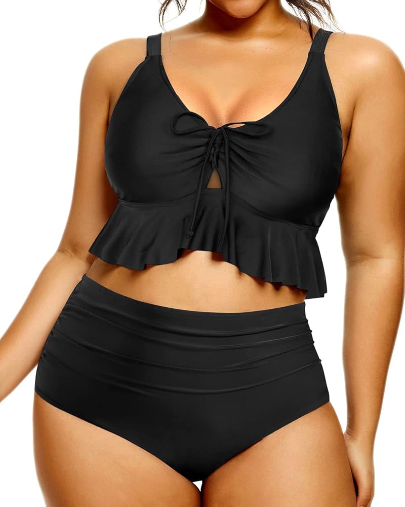 Daci Women Plus Size Two Piece Swimsuits High Waisted Bikini Set Ruffle Flounce Tummy Control Bathing Suits with Bottom