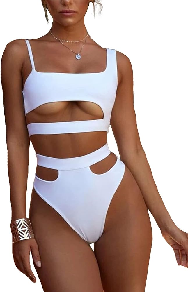 Lilosy Cutout Shoulders High Waisted Cut Leg Thong Brazilian Bikini Swimsuit Women Bathing Suit 2 Piece