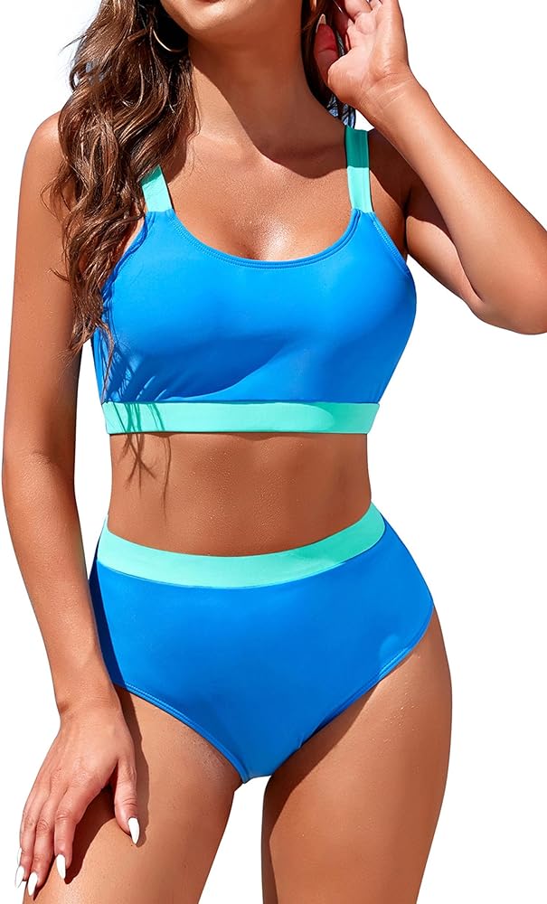 Womens High Waisted Bikini Sets Sporty Crop Top Color Block Swimwear Bandeau Scoop Neck Vintage Two Piece Bathing Suits