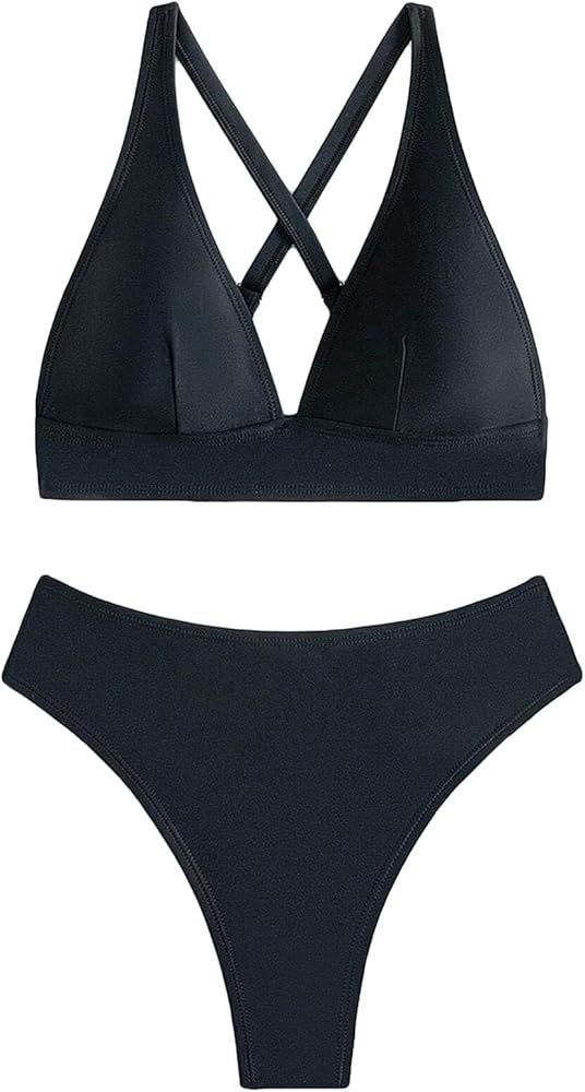 Women's Bikini Sets Plain Ring Linked V Wired High Waist Summer Bathing Suit Swimsuit