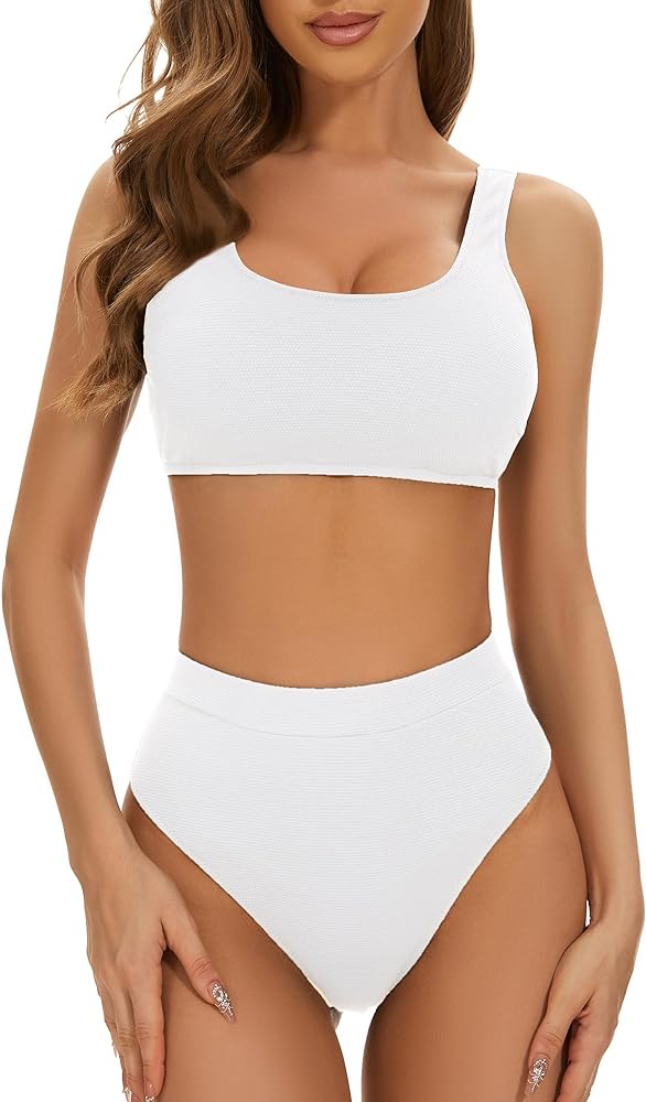 Women Two Piece U Neck Bikini Crop Top High Cut Swimsuit Sporty Bathing Suit