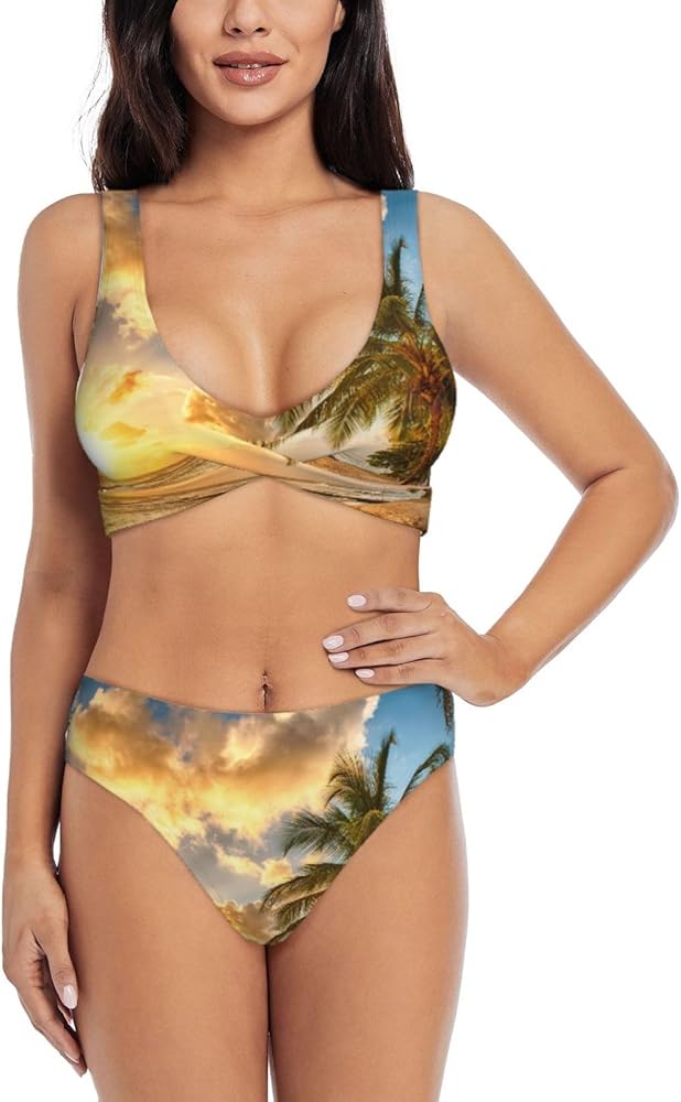 Sunset Hawaiian Palm Tree Print Bikini Set for Women Soft, Stretchy, and Stylish Swimwear for Beach Pool, and Vacation