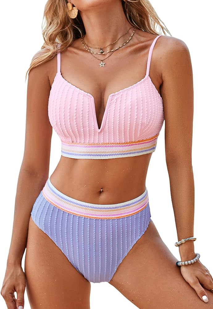 CUPSHE Women's Bikini Sets Two Piece Bathing Suit High Waisted Scoop Neck Adjustable Straps Textured Color Block