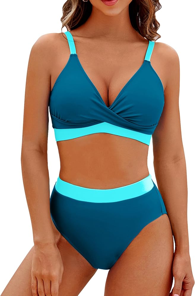 BMJL Women's High Waisted Bikini Sets V Neck Two Piece Swimsuit Color Block Twist Front Bathing Suits