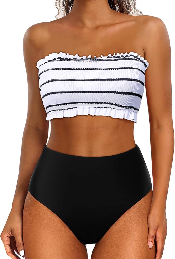 Yonique Women's Bandeau Bikini Set Two Piece Smocked Swimsuits Ruffle Off Shoulder Bathing Suit with High Waisted Bottoms