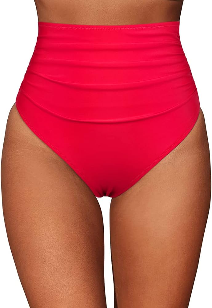 Firpearl Women's High Waisted Bikini Bottom Retro Ruched Tankini Brief Tummy Control Swim Bottoms