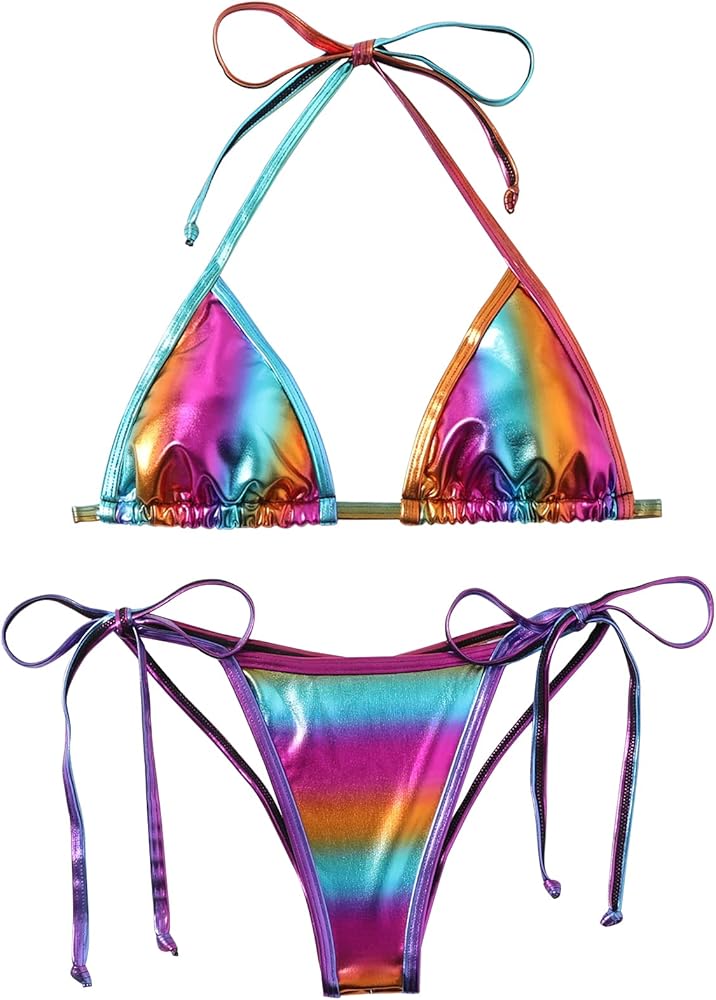 Women's Liquid Metallic Rainbow Bikini Sets Shiny String Padded Triangle 2 Pieces Swimsuit Set