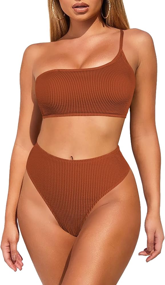 Viottiset Women's Ribbed One Shoulder Bikini Set High Waist Cut 2 Piece Swimsuit Bathing Suit