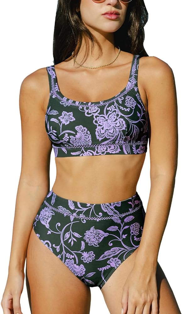 CUPSHE Women's Bikini Sets Two Piece Bathing Suit High Waisted Scoop Neck Back Hook Wide Adjustable Straps