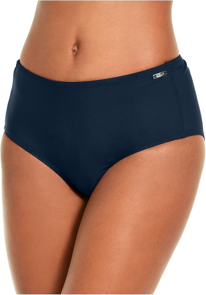 DKNY Women's Navy Logo Stretch Lined Bikini Full Coverage High Waisted Swimsuit Bottom M