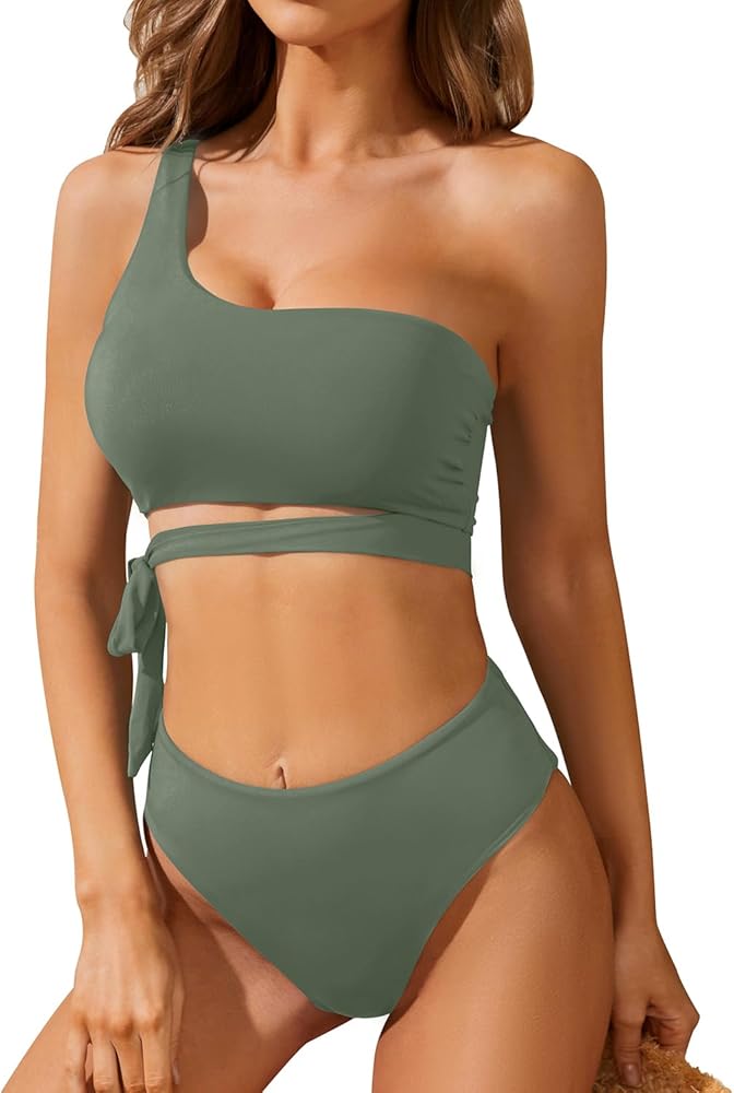 Tempt Me Women One Shoulder Bikini Sets High Cut Two Piece Swimsuits Tie Bathing Suit