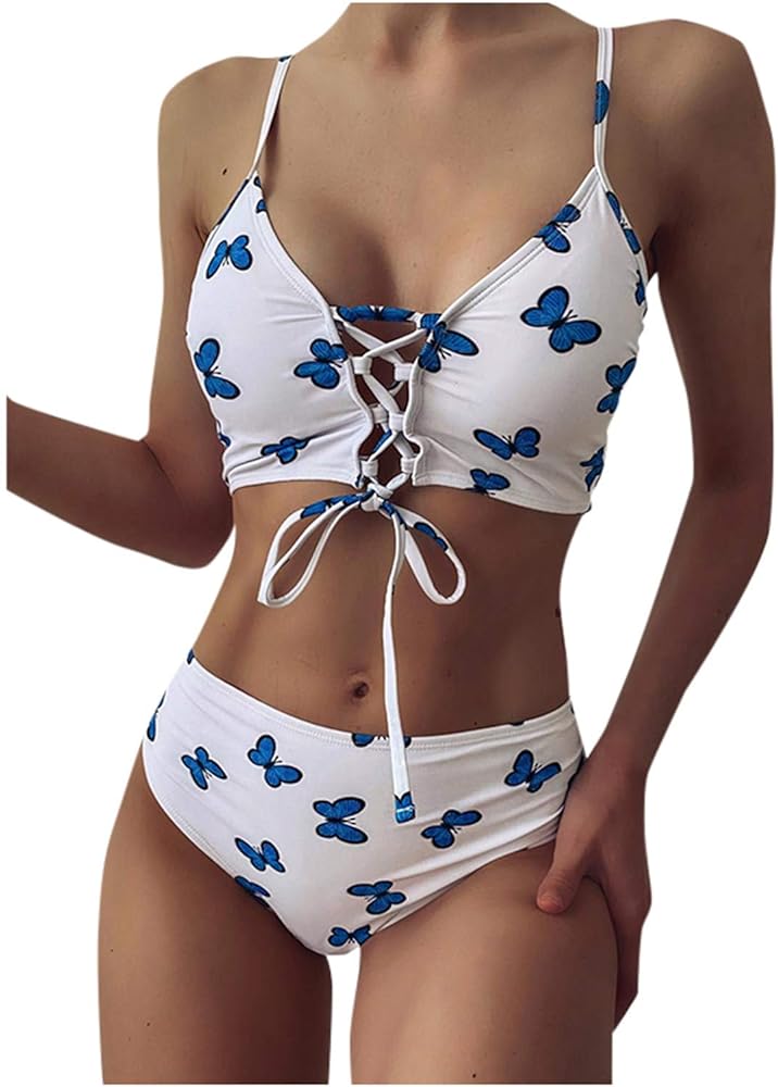 Girls Women's Lace Up Bikini Set Cute Butterfly Two Piece Bathing Suit Printed Swimsuit for Holiday