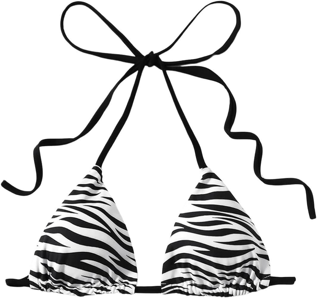 Women's Zebra Striped Print Triangle Bikini Top Summer Tie Backless Cheeky Swimwear Tops