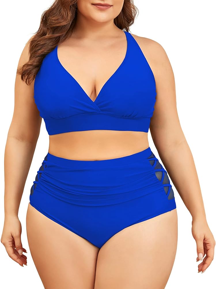 Womens Plus Size Bikini Tummy Control Swimsuits Two Piece Bathing Suits High Waisted Swimwear