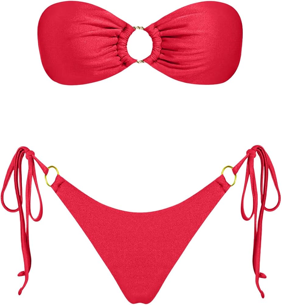 VOLAFA Women's Triangle Bikini Sets Bandeau O Ring Strapless Side Tie Thong Swimsuit Two Piece Bathing Suit