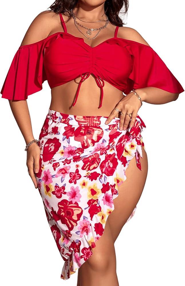 SHENHE Women's Plus Size 3 Piece Swimsuits Ruffle Cold Shoulder Bikini with Cover Up Floral Skirt Bathing Suit