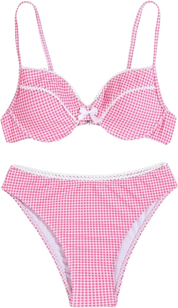 Women's 2 Piece Y2K Gingham Bikini Set Underwire Bikini Thong Swimsuit High Waisted Bathing Suit Bow Front Beachwear