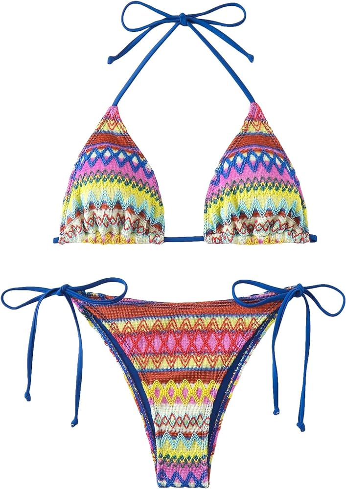 SHENHE Women's 2 Piece Triangle Tie Side Beach Bikini Sets Geo Print Halter Swimsuit Bathing Suit