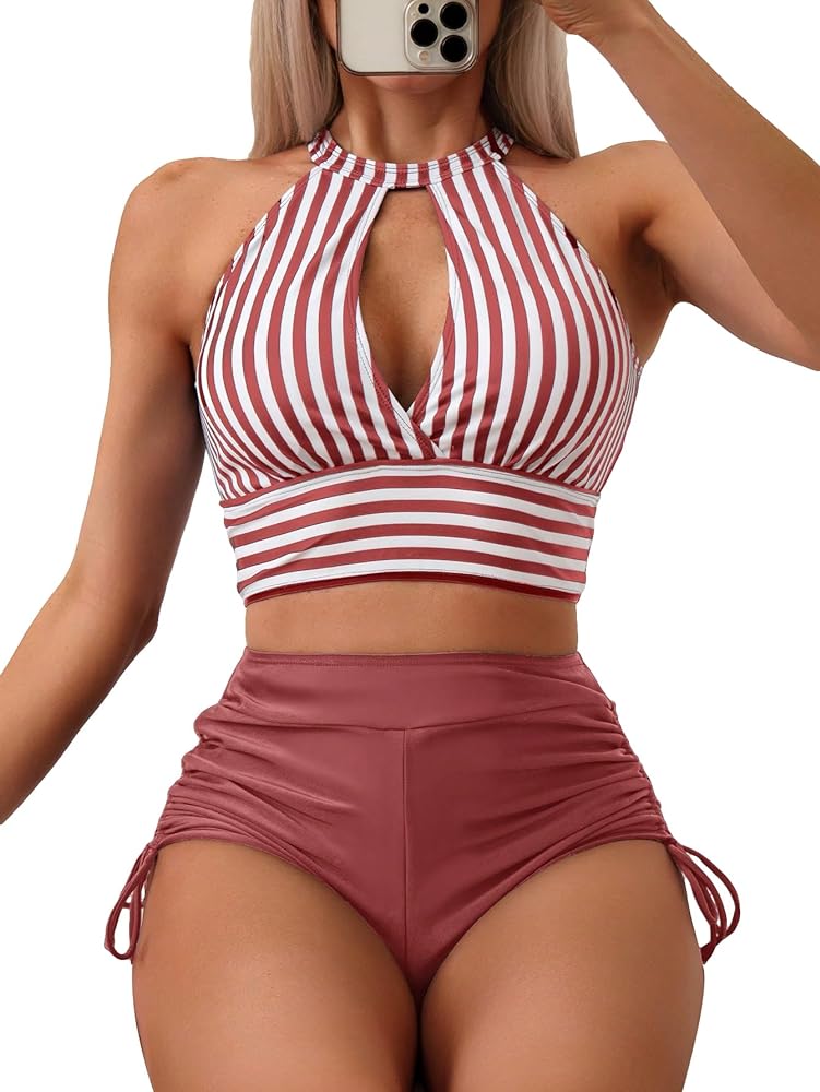 SOLY HUX Women's Tankini Set Striped Cut Out Tops and Drawstring Side Shorts Bikini Bathing Suits 2 Piece Swimsuit