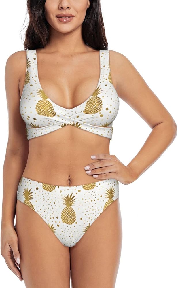 Gold Glitter Pineapples Fruit Print Bikini Set for Women Soft, Stretchy, and Stylish Swimwear for Beach Pool, and Vacation