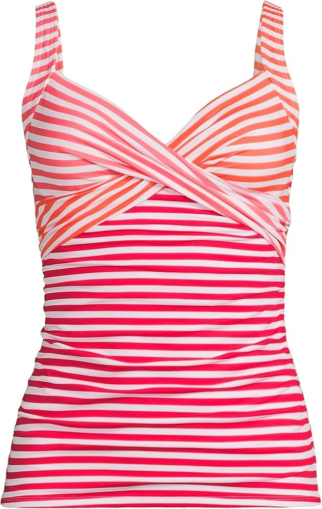 Lands' End Womens Chlorine Resistant Underwire Wrap Tankini Top Wood Lily/Strawberry Stripe Regular 18