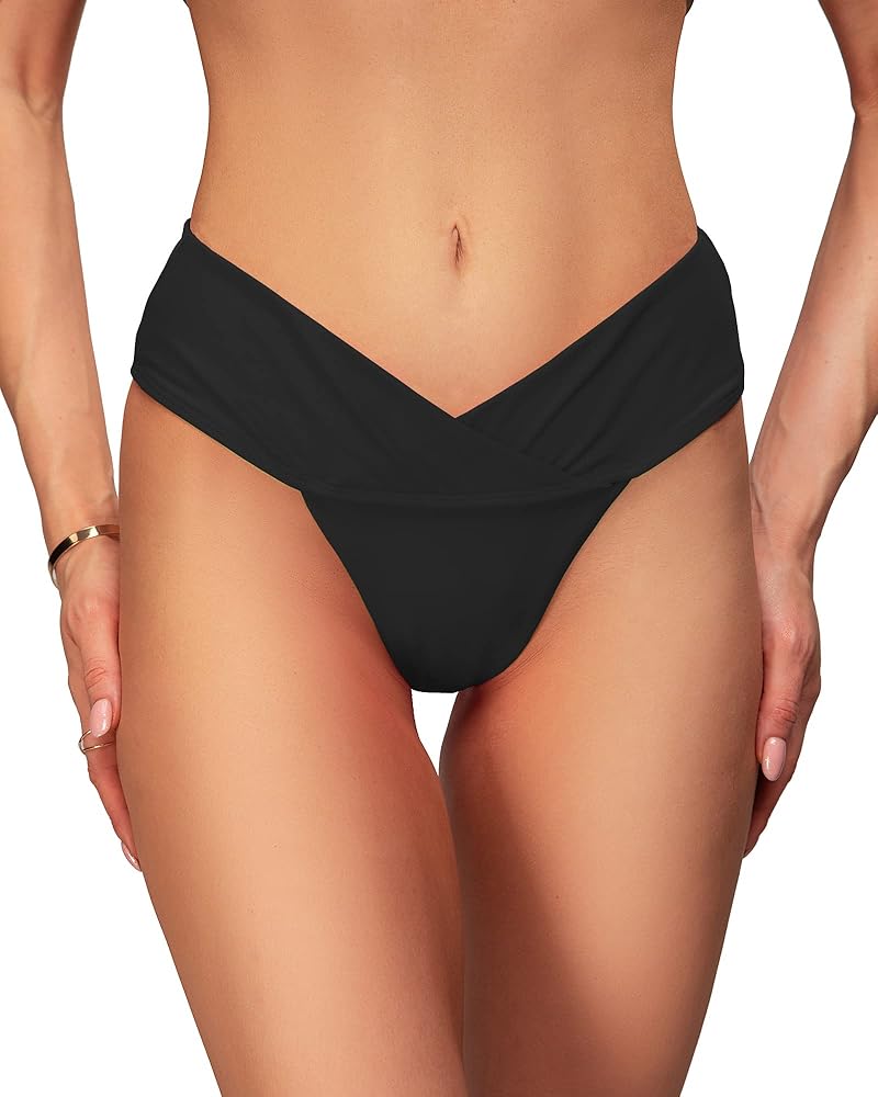 Women's V Cross High Cut High Leg Brazilian Cheeky Thong Bikini Bathing Suit Bottoms