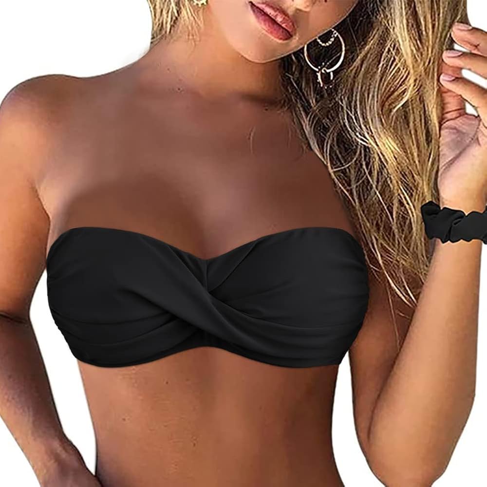 Firpearl Women Strapless Bikini Tops Retro Twist Front Bathing Suit Tops Push Up Bandeau Swimsuit