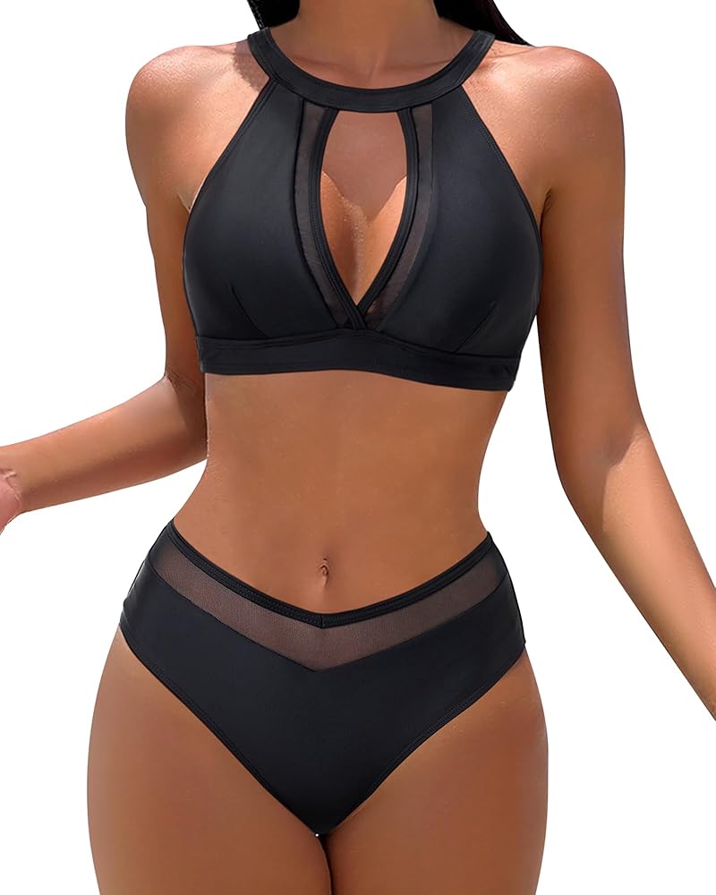 MOOSLOVER Women Mesh High Neck Bikini Sets High Waisted Two Piece Swimsuit Bathing Suits