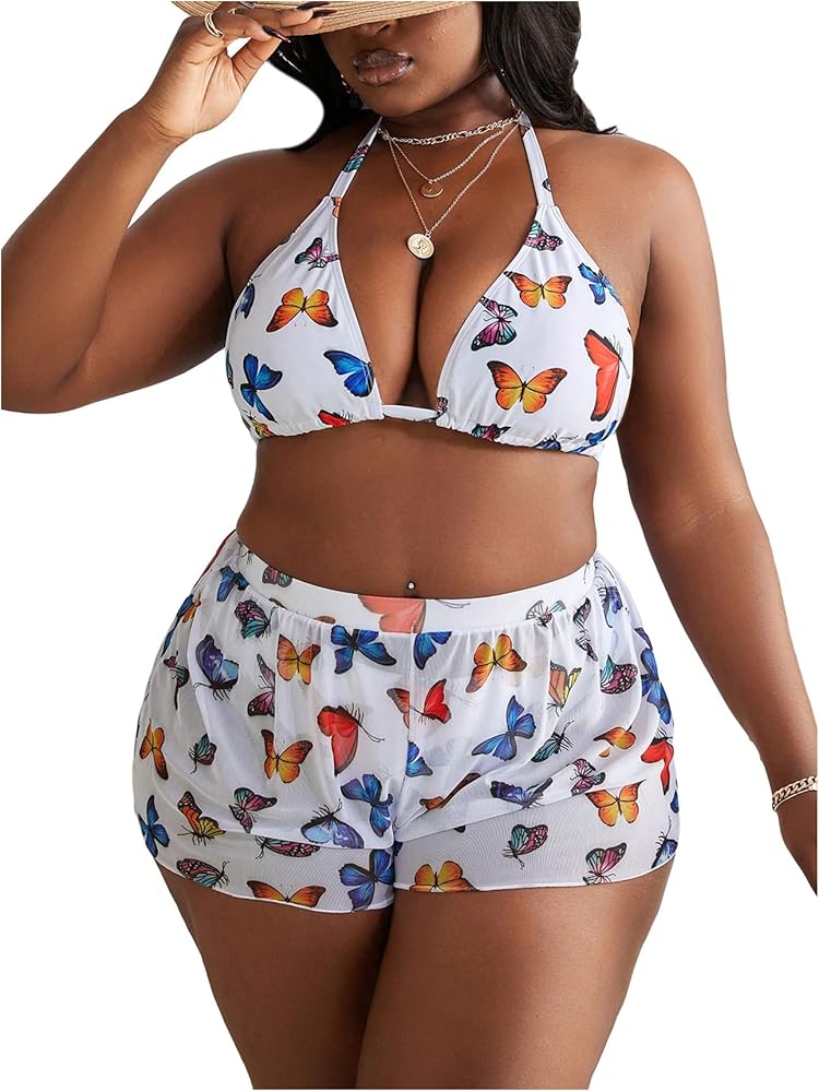 SOLY HUX Women's Plus Size Swimsuit 3 Piece Butterfly Print Halter Triangle Bikini Sets Bathing Suit with Shorts