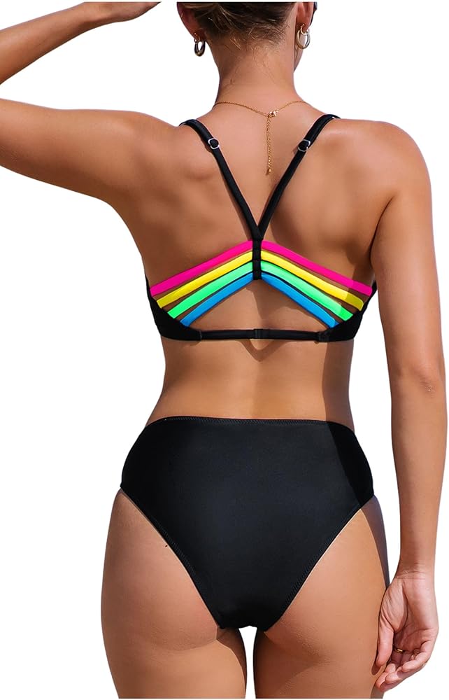 popvil High Waisted Bikini Set for Women V Neck Two Piece Swimsuits Back Neon Rainbow Strappy Bathing Suit