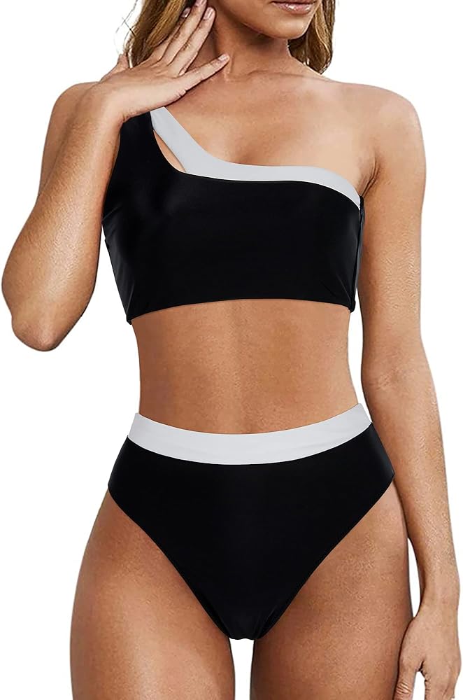 MOOSLOVER Women Cutout One Shoulder High Waisted Bikini High Cut Two Piece Swimsuits