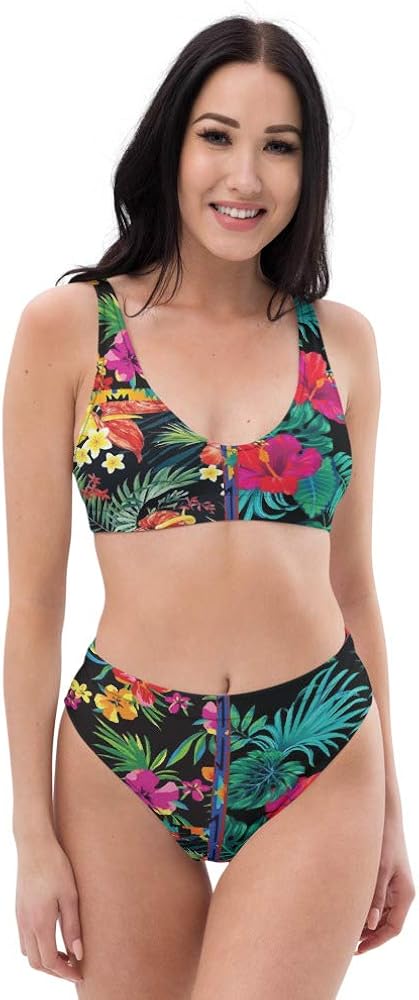 Recycled High Waisted Bikini Set for Women Botanic Black Lush Green Leaf