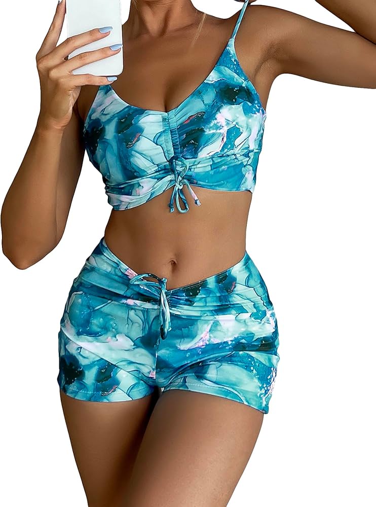 Floerns Women's Tie Dye Ruched Bikini Sets 2 Piece Bathing Suit High Waist Swimsuit with Shorts Teal Blue