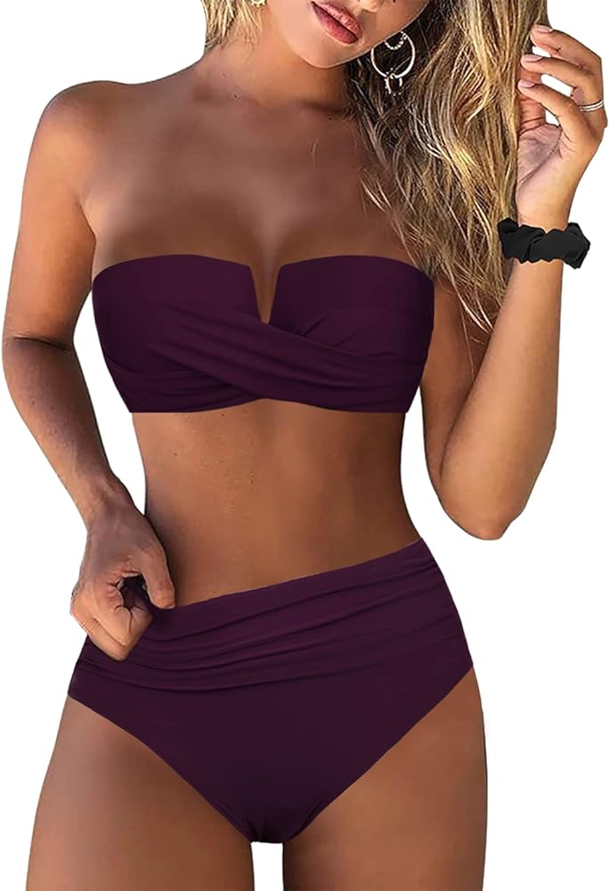 Hilor Bandeau Two Piece Bathing Suits for Women with Strap Retro High Waisted Swimsuits Sexy Push Up Bikini Swimwear