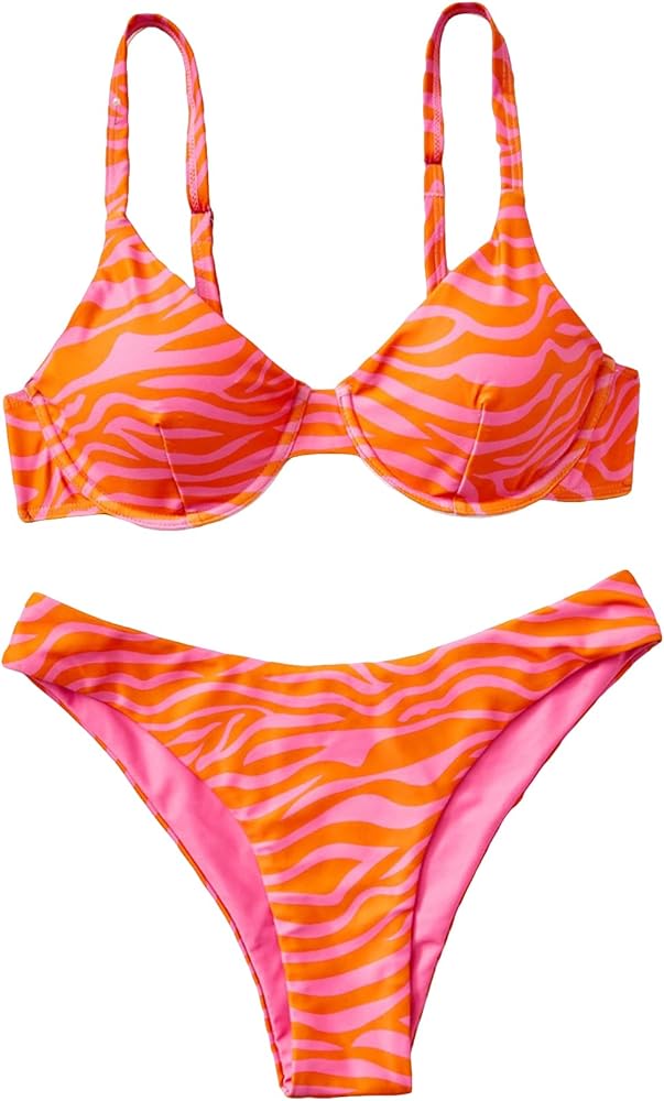 SHENHE Women's Two Piece Zebra Striped High Cut Underwire Triangle Bikini Swimsuit Orange