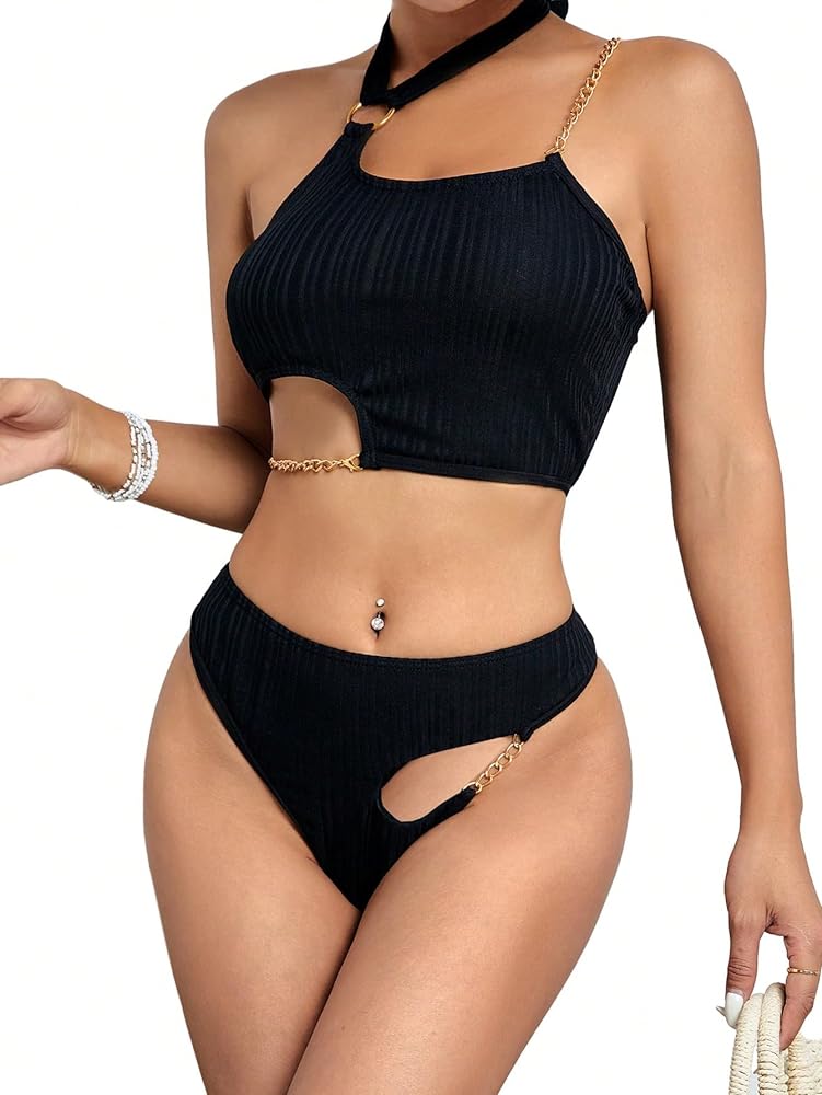 Women's Solid Asymmetrical Neck Cut Out Swimsuit High Cut Triangle Set Bikini Set 2 Piece Bathing Suit Beachwear