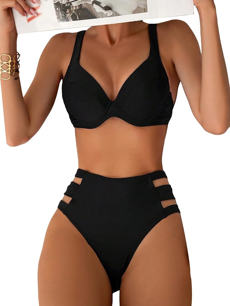 MakeMeChic Women's 2 Piece Bikini Set Spaghetti Straps Tops and Cut Out Bottoms Swimsuit