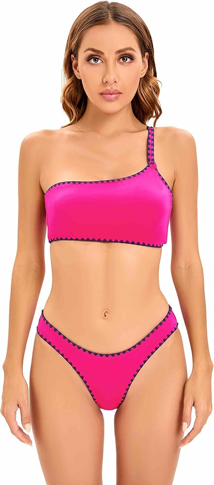 Lucky Brand Women's Shell Stitch Asymmetrical Bralette Bikini Top-Adjustable, Removable Cups, Swimwear Separates