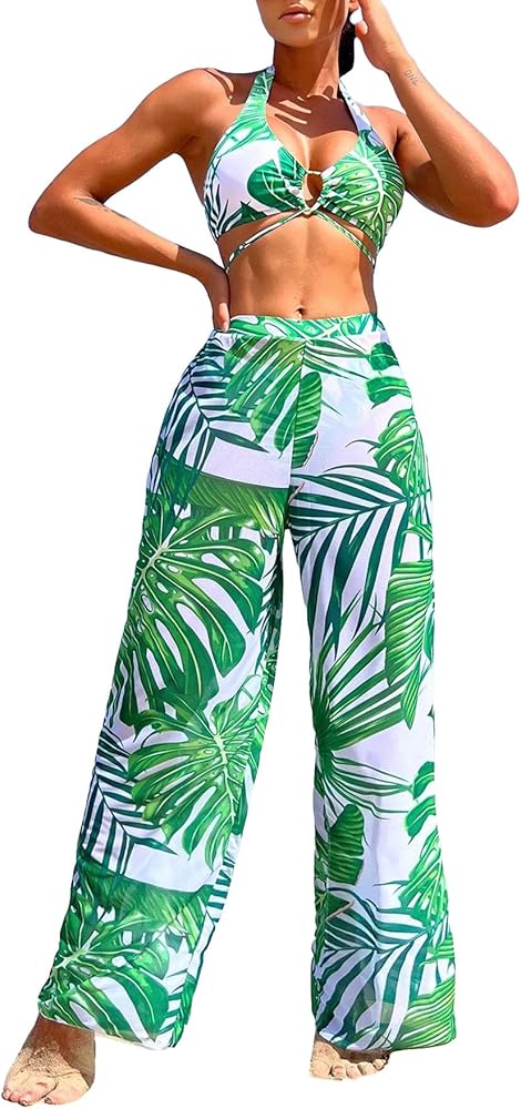 Floerns Women's 3 Piece Tropical Print Halter Bikini Swimsuit with Cover Up Pants