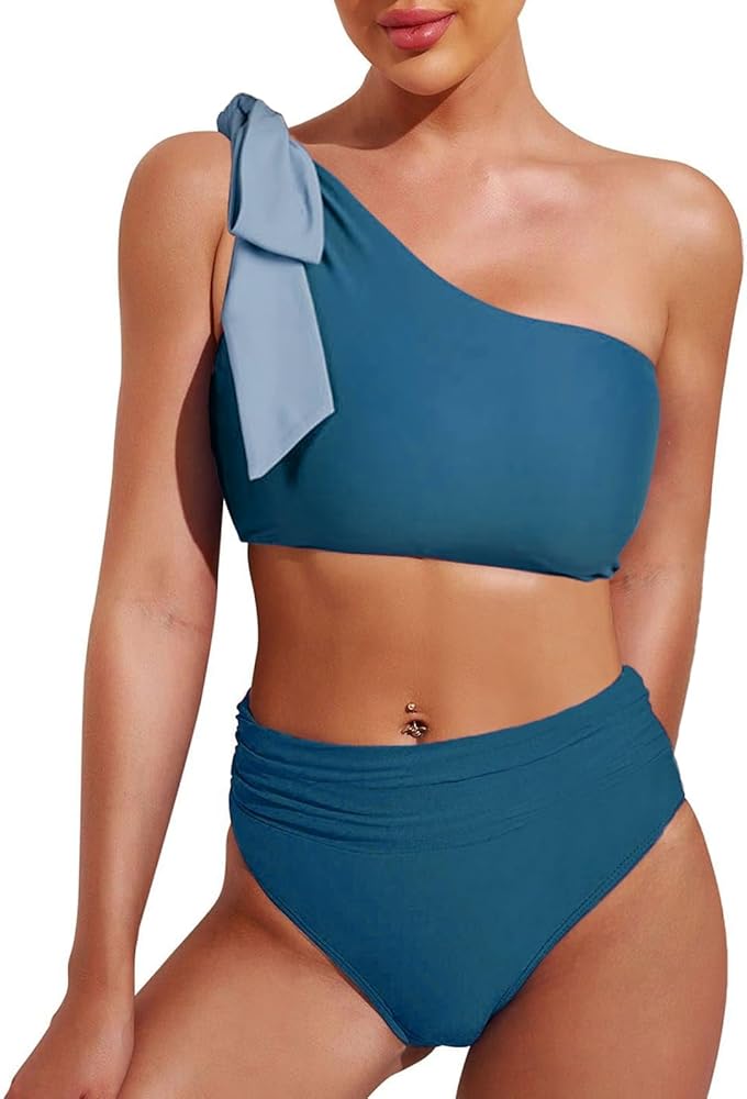 Swmmer Liket Women High Waisted Bikini One Shoulder Swimsuit Two Piece Bathing Suit Cutout Bow Tie Swimwear