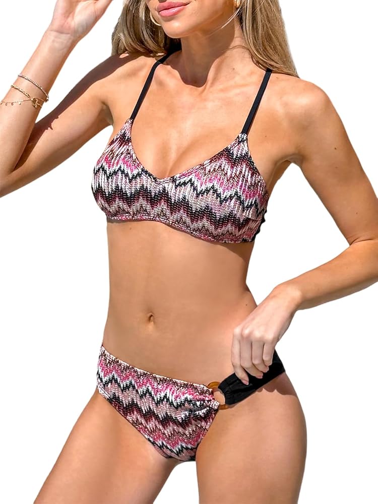 CUPSHE Women Swimsuit Bikini Sets Crisscross Back Tie Crochet Mid Rise Cheeky Bathing Suit