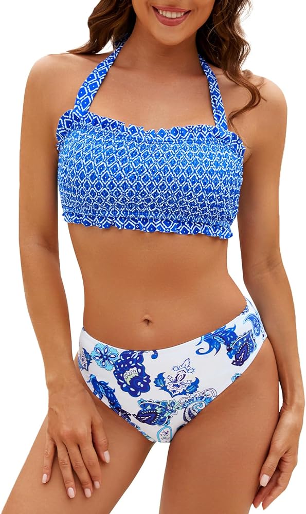 SEAFORM Bikini Set for Women Two Piece Bathing Suits Bandeau Top Mid Waisted Bottom Floral Bathing Suits with Removable Pads