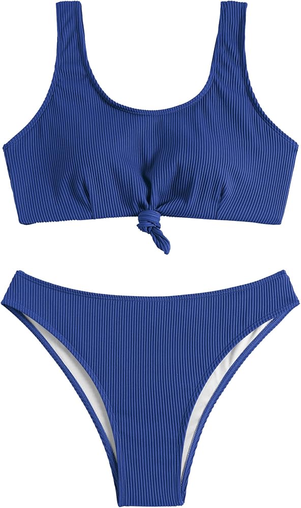 ZAFUL Women High Waisted Bikini Sets Tummy Control Swimsuits Tank Tops Knotted Two Piece Bathing Suit Deep Blue M