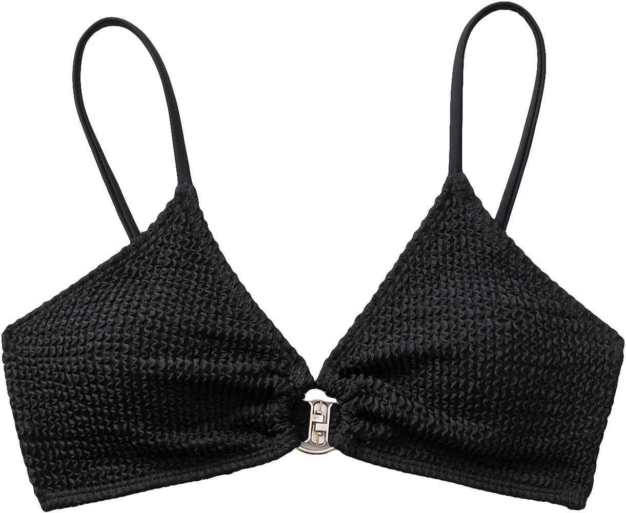 SHENHE Women's Textured Halter String Triangle Bikini Swimsuit Bathing Suit Tops O Ring Black S