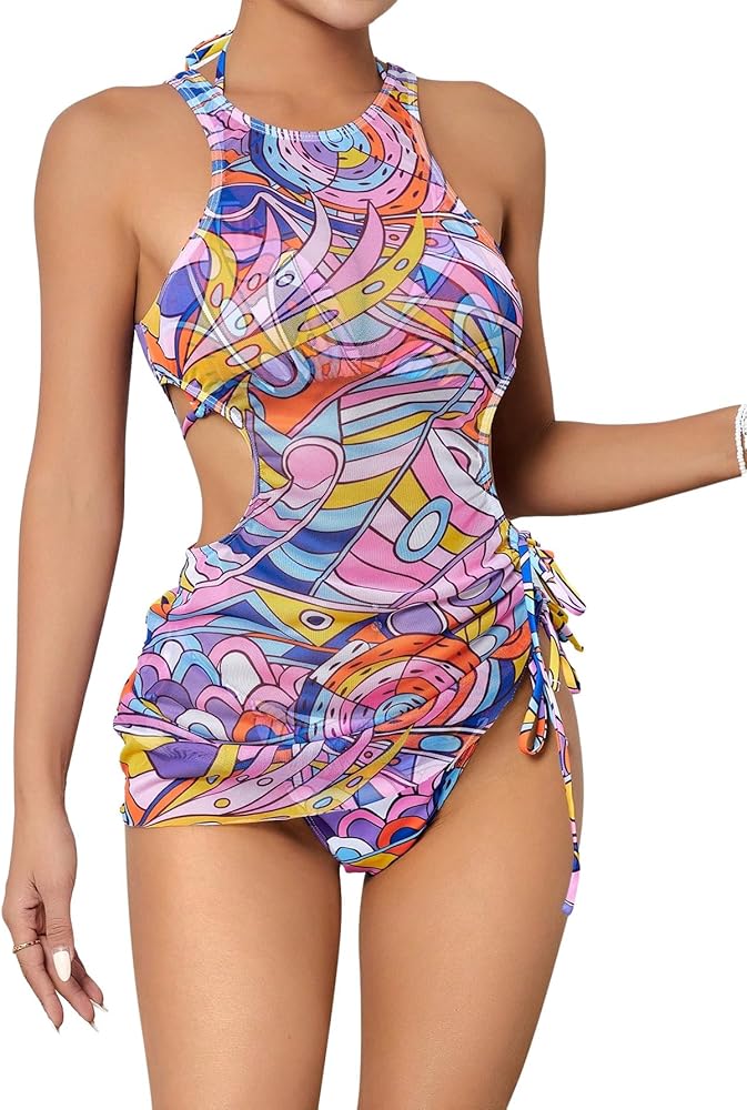 SOLY HUX Women's 3 Piece Allover Print Halter Triangle Bikini Sets Swimsuit Bathing Suit with Cover Up