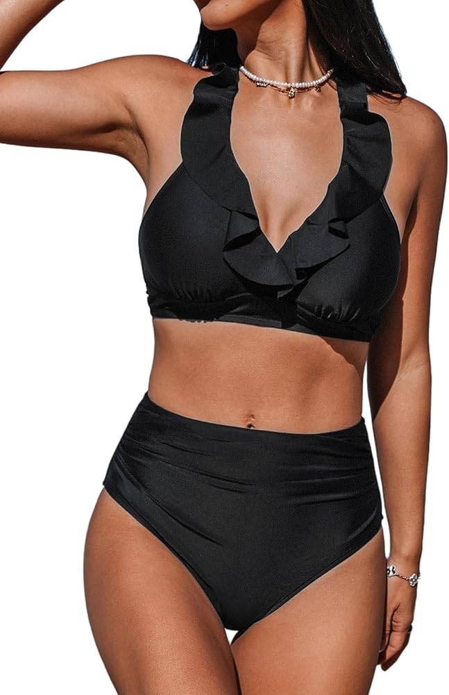 CUPSHE Women's Bikini Sets Two Piece Bathing Suit Tummy Control High Waisted Halter V Neck Ruffled Trim Ruched Swimwear